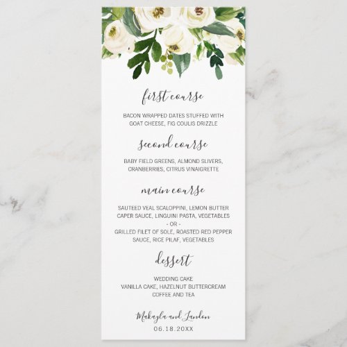 Elegant Watercolor Greenery White Floral Wedding Menu