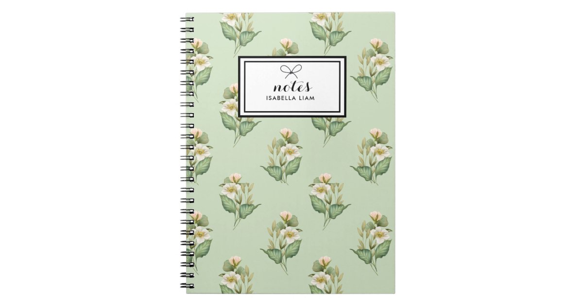 Elegant Watercolor Greenery White Flowers Pattern Notebook | Zazzle