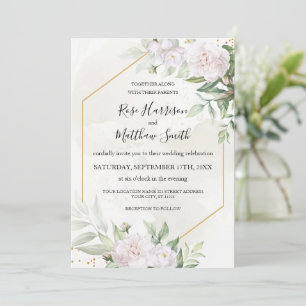 Elegant Watercolor Greenery White Flowers Wedding Invitation