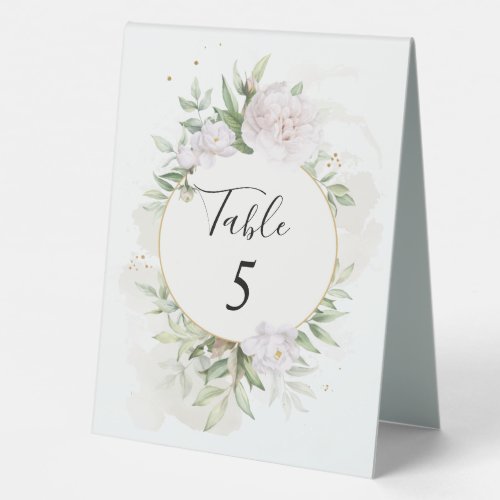 Elegant Watercolor Greenery White Flowers Wedding Table Tent Sign