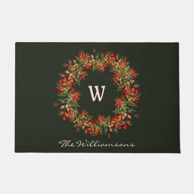 Elegant Watercolor Greenery Wreath Monogram Custom Doormat (Front)