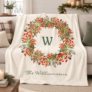Elegant Watercolor Greenery Wreath Monogram Custom Fleece Blanket