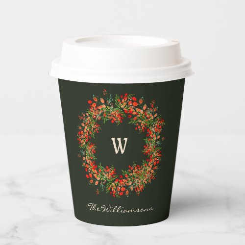 Elegant Watercolor Greenery Wreath Monogram Custom Paper Cups