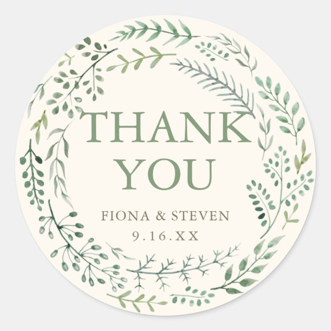 Elegant Watercolor Greenery Wreath Thank You Classic Round Sticker (Front)