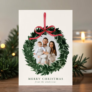 Elegant Watercolor Greenery Wreath with Bow Photo Holiday Card