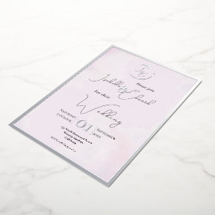 Elegant Watercolor Grey Lovebirds & Pink Wedding Foil Invitation