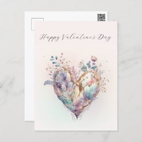 Elegant Watercolor Heart Valentines Day Postcard 