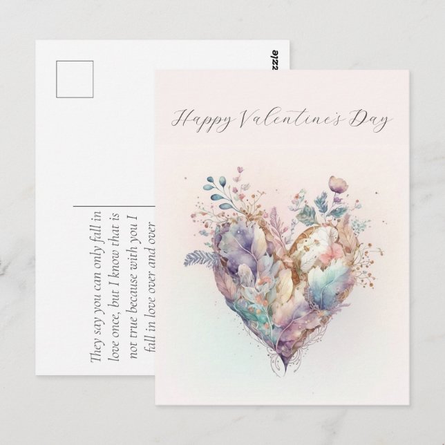 Elegant Watercolor Heart Valentines Day Postcard  (Front/Back)