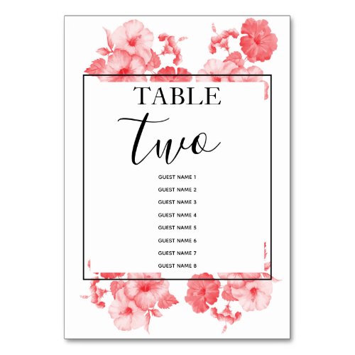 Elegant Watercolor Hibiscus Wedding Guest Names Table Number