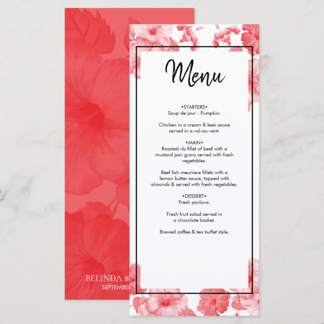 Elegant Watercolor Hibiscus Wedding Menu (Front/Back)