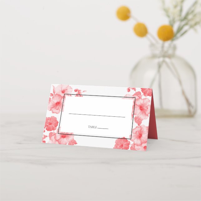 Elegant Watercolor Hibiscus Wedding Place Card (Front)