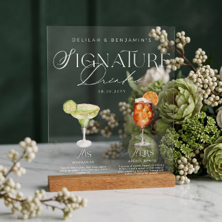Elegant Watercolor His Her Signature Drink Wedding Acrylic Sign