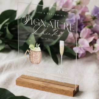 Elegant Watercolor His Her Signature Drink Wedding Acrylic Sign