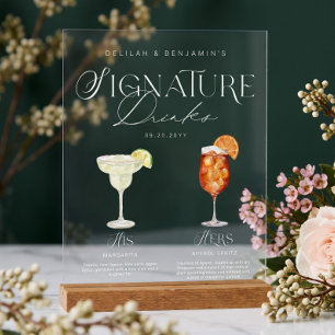 Elegant Watercolor His Her Signature Drink Wedding Acrylic Sign