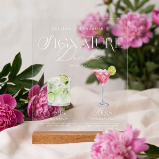 Elegant Watercolor His Her Signature Drink Wedding Acrylic Sign