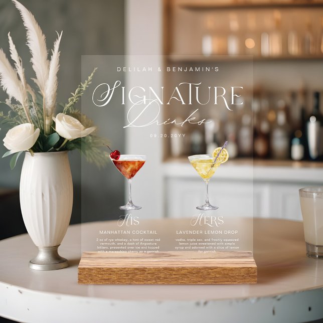 Elegant Watercolor His Her Signature Drink Wedding Acrylic Sign (Elegant Watercolor His Her Signature Drink Wedding Acrylic Sign)