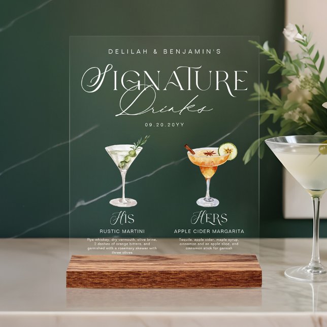 Elegant Watercolor His Her Signature Drink Wedding Acrylic Sign (Elegant Watercolor His Her Signature Drink Wedding Acrylic Sign)