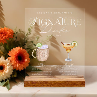 Elegant Watercolor His Her Signature Drink Wedding Acrylic Sign