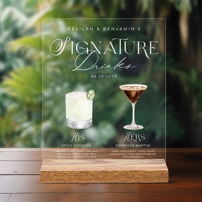 Elegant Watercolor His Her Signature Drink Wedding Acrylic Sign (Elegant Watercolor His Her Signature Drink Wedding Acrylic Sign)
