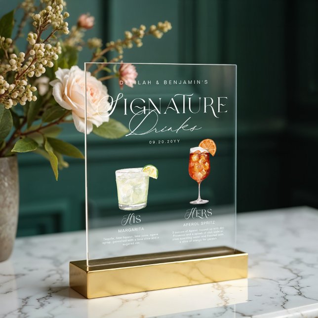 Elegant Watercolor His Her Signature Drink Wedding Acrylic Sign (Elegant Watercolor His Her Signature Drink Wedding Acrylic Sign)