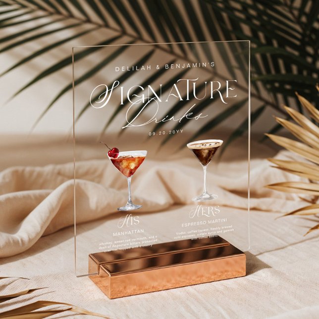 Elegant Watercolor His Her Signature Drink Wedding Acrylic Sign (Elegant Watercolor His Her Signature Drink Wedding Acrylic Sign)