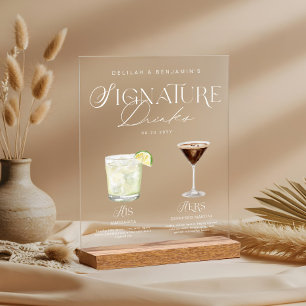 Elegant Watercolor His Her Signature Drink Wedding Acrylic Sign