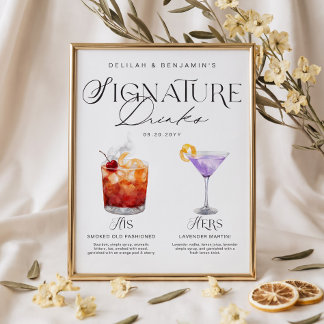 Elegant Watercolor His Her Signature Drink Wedding Poster