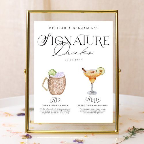 Elegant Watercolor His Her Signature Drink Wedding Poster