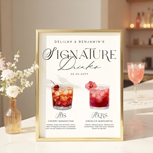 Elegant Watercolor His Her Signature Drink Wedding Poster