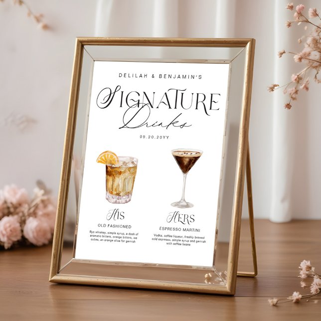 Elegant Watercolor His Her Signature Drink Wedding Poster (Elegant Watercolor His Her Signature Drink Wedding Poster)
