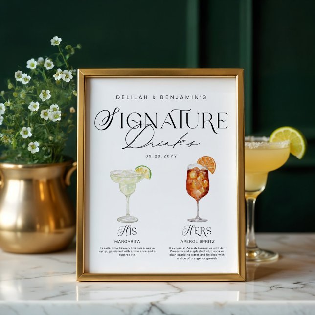 Elegant Watercolor His Her Signature Drink Wedding Poster (Elegant Watercolor His Her Signature Drink Wedding Poster)