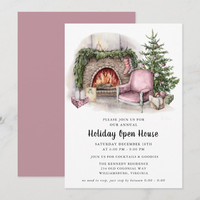 Elegant Watercolor Holiday Open House Invitation  (Front/Back)