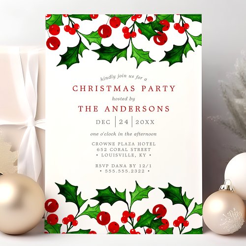 Elegant Watercolor Holly Berries Christmas Party Invitation