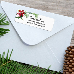 Elegant Watercolor Holly Berries Return Address Label