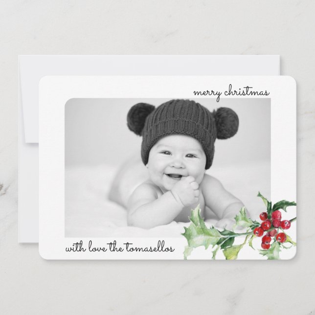 Elegant Watercolor Holly Berries Script Photo Holiday Card (Front)