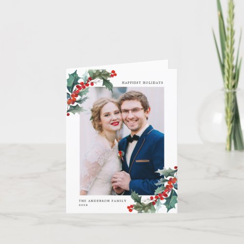 Elegant Watercolor Holly Berry Frame Photo Holiday Card