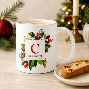 Elegant Watercolor Holly Berry Monogram Coffee Mug