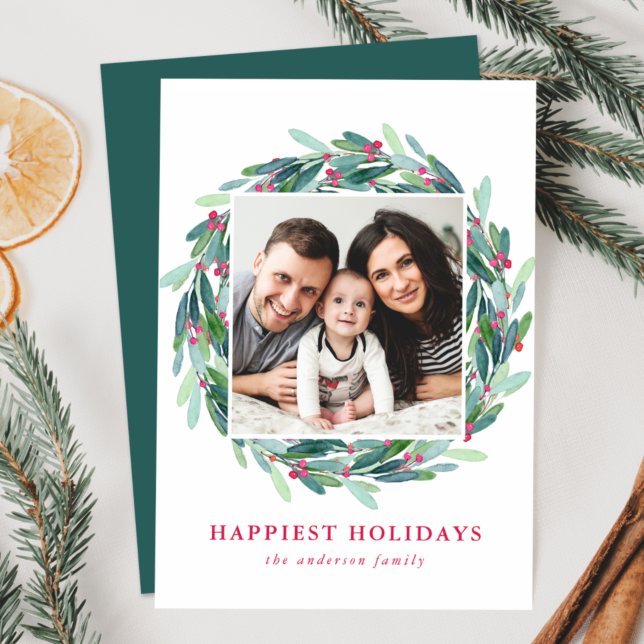 Elegant Watercolor Holly Berry Wreath Photo Holiday Card (Creator Uploaded)