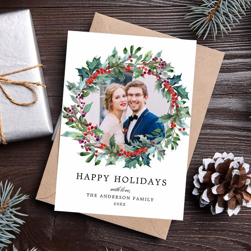 Elegant Watercolor Holly Berry Wreath Photo Holiday Card