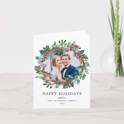 Elegant Watercolor Holly Berry Wreath Photo Holiday Card