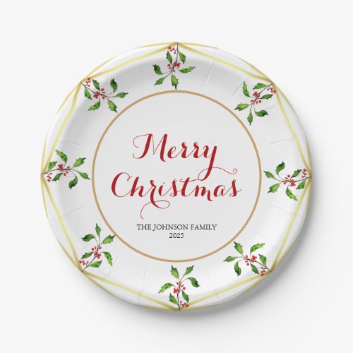 Elegant watercolor Holly Christmas  Paper Plate