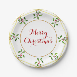 Elegant watercolor Holly Christmas Paper Plates