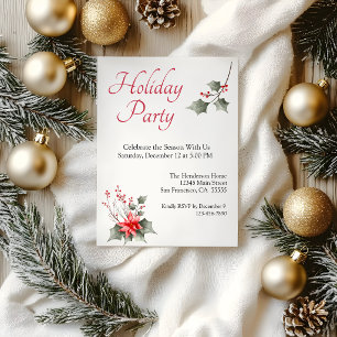 Elegant Watercolor Holly Holiday Party Invitation
