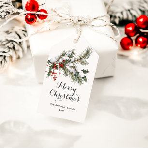 Elegant Watercolor Holly & Pine Christmas Gift Tags