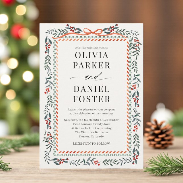 Elegant Watercolor Holly Red Bow Christmas Wedding Invitation (Creator Uploaded)
