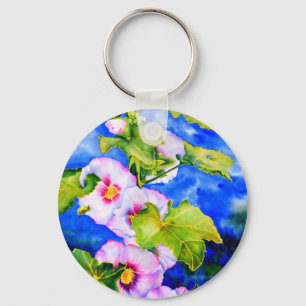 Elegant watercolor Hollyhocks Keychain