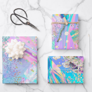 Elegant Watercolor Holographic Iridescent Pattern Wrapping Paper Sheets