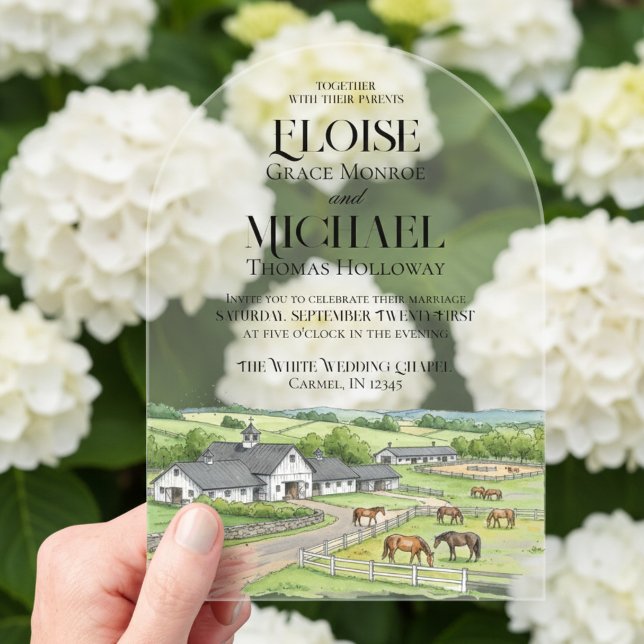 Elegant Watercolor Horse Stable Barn Wedding Acrylic Invitations (Invite guest to your scenic wedding day with this Elegant Watercolor Horse Stable Barn Invite!)