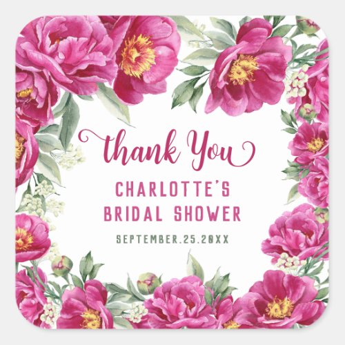 Elegant Watercolor Hot Pink Floral Bridal Shower Square Sticker