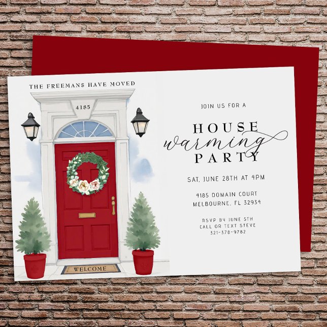 Elegant Watercolor Housewarming Party Invitation (Housewarming Party Invite - Red Door)
